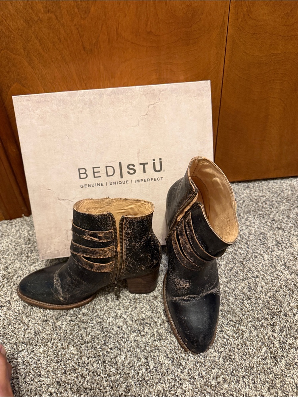 Bed|Stü Black Distressed Leather Ankle Boots with Strap Detail